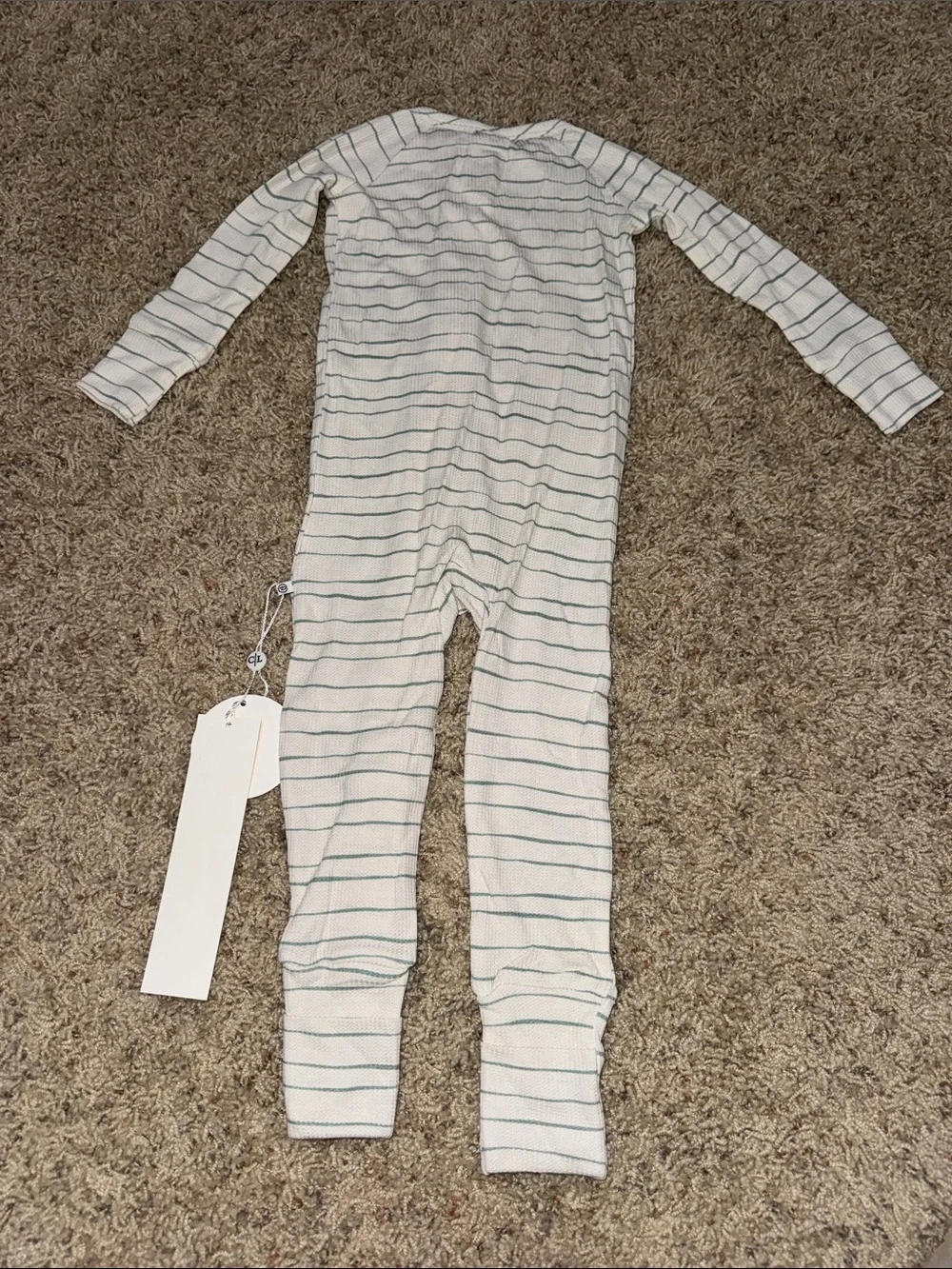 Caden Lane White One-Piece Footie with Thin Green Stripes